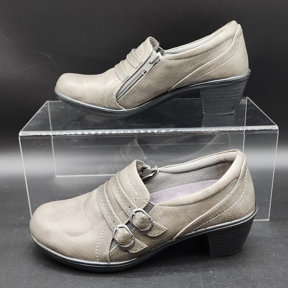Easy Street 8M Gray Comfort Wave Shooties Buckle Zip Block Heel Career Work Shoe